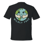 Black Earth Hug t-shirt with a graphic of a smiling Earth and 'Wildly Free' text on the back.