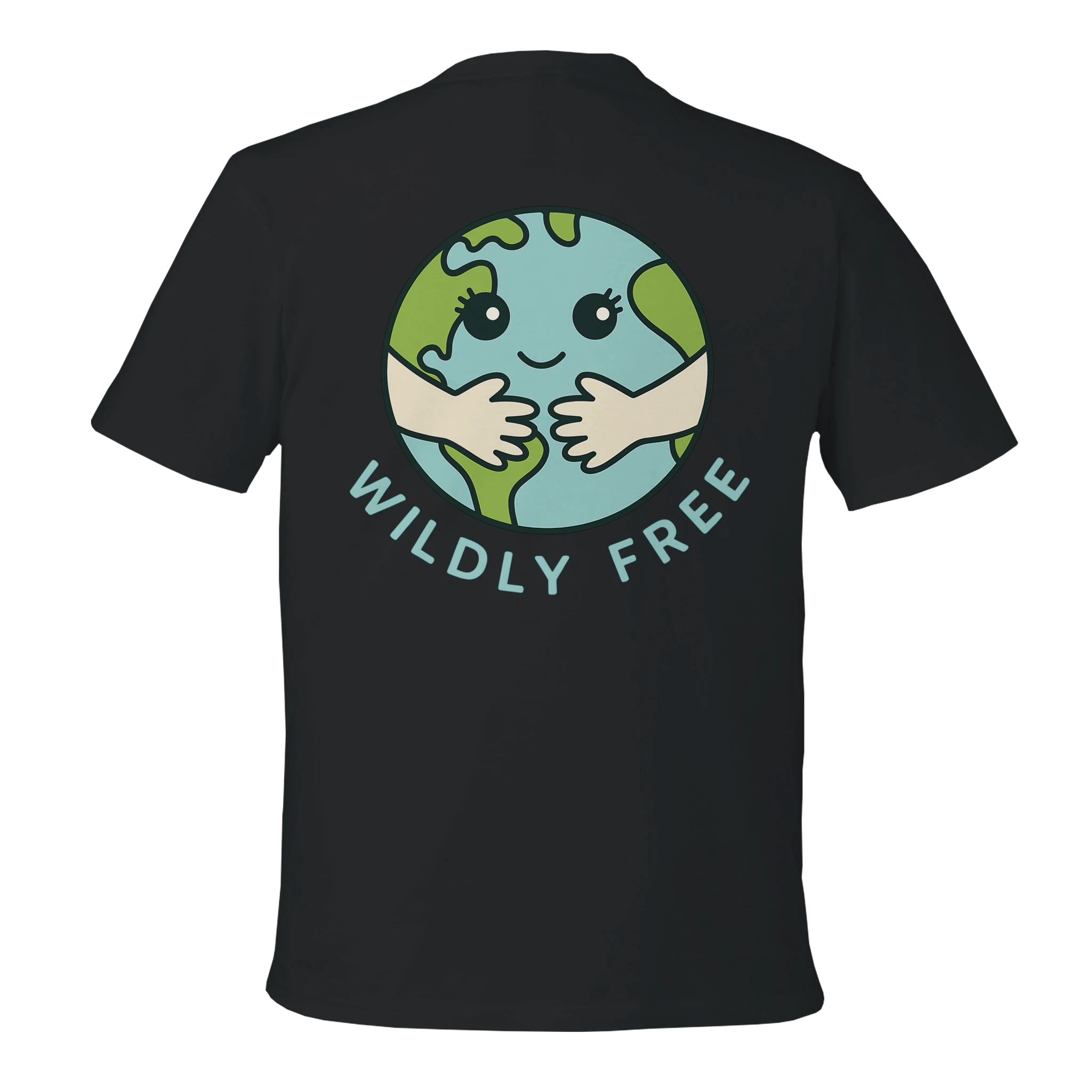 Black Earth Hug t-shirt with a graphic of a smiling Earth and 'Wildly Free' text on the back.