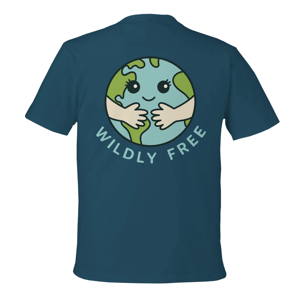 Teal t-shirt with a graphic of a smiling Earth and 'Wildly Free' text on the back.
