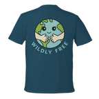 Teal t-shirt with a graphic of a smiling Earth and 'Wildly Free' text on the back.