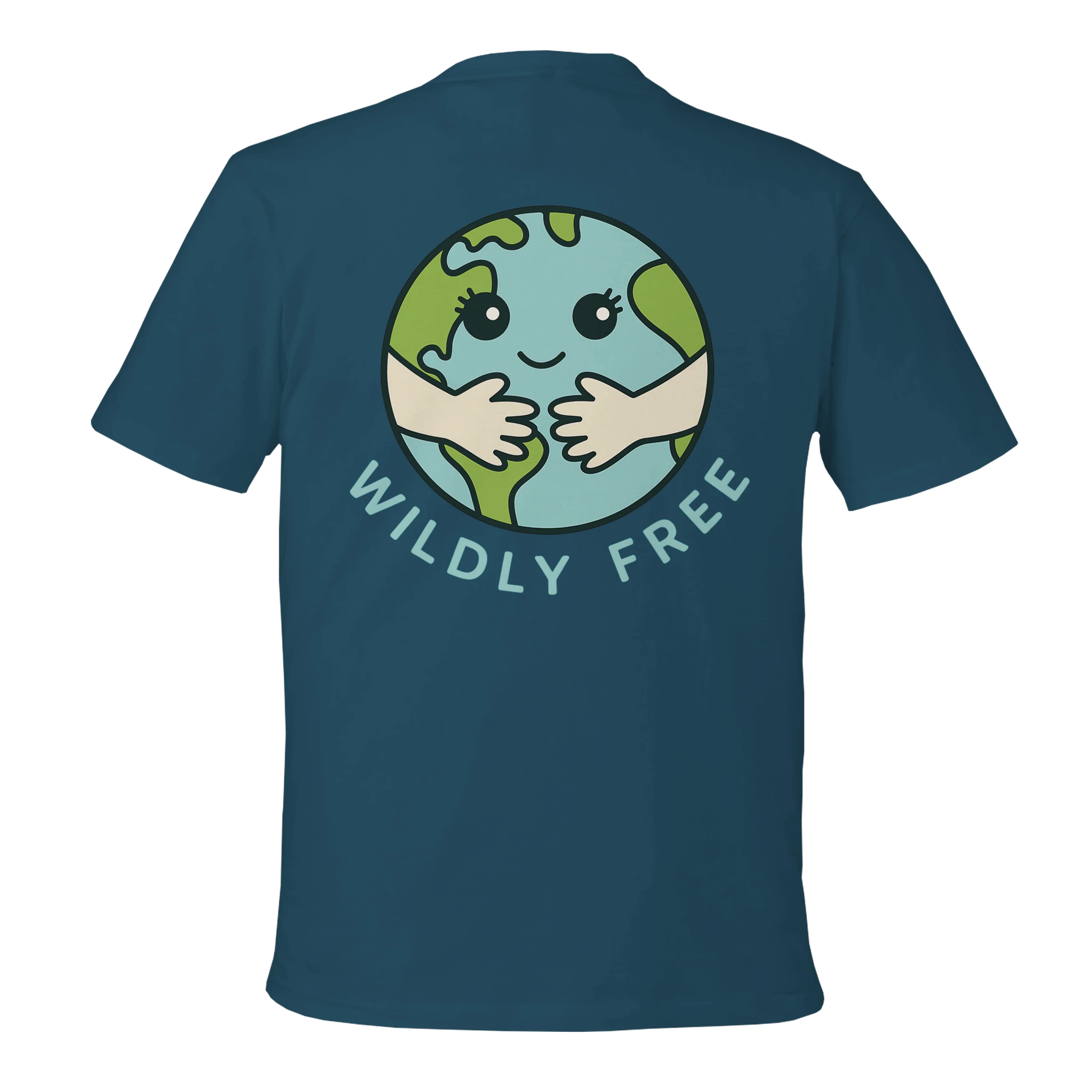 Teal t-shirt with a graphic of a smiling Earth and 'Wildly Free' text on the back.