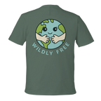 Green Earth Hug t-shirt with a graphic of a smiling Earth and 'Wildly Free' text on a white background
