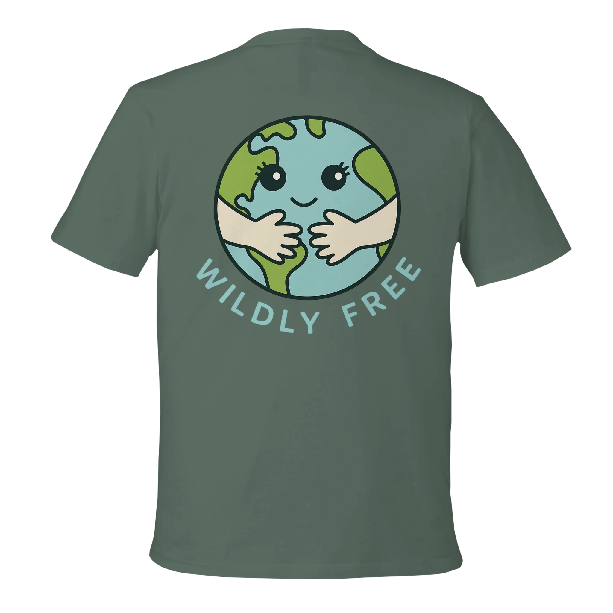 Green Earth Hug t-shirt with a graphic of a smiling Earth and 'Wildly Free' text on a white background