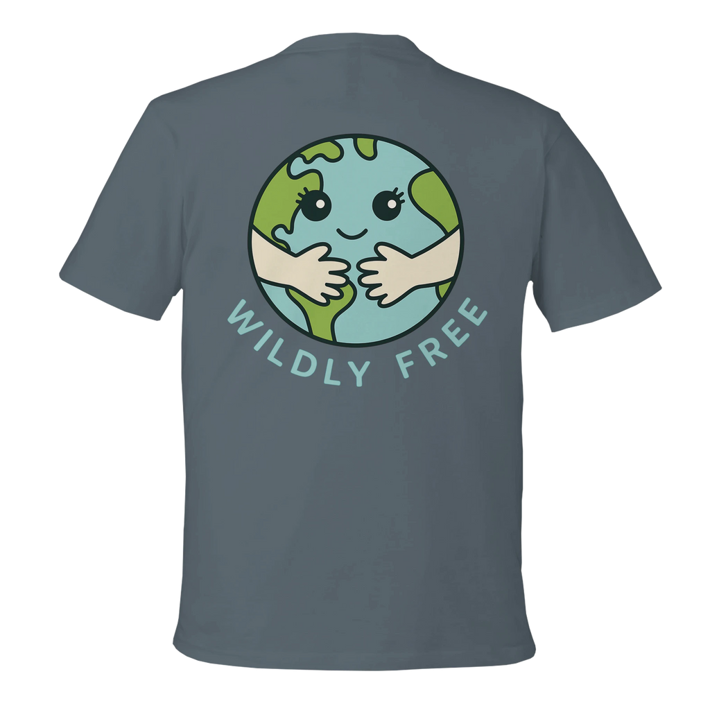 Gray t-shirt with a graphic of a smiling Earth and 'Wildly Free' text on the back.