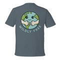 Gray t-shirt with a graphic of a smiling Earth and 'Wildly Free' text on the back.
