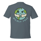 Gray t-shirt with a graphic of a smiling Earth and 'Wildly Free' text on the back.