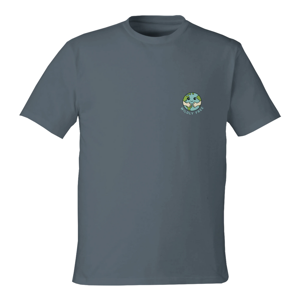 Gray Earth Hug t-shirt with a logo on the chest against a white background