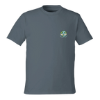 Gray Earth Hug t-shirt with a logo on the chest against a white background