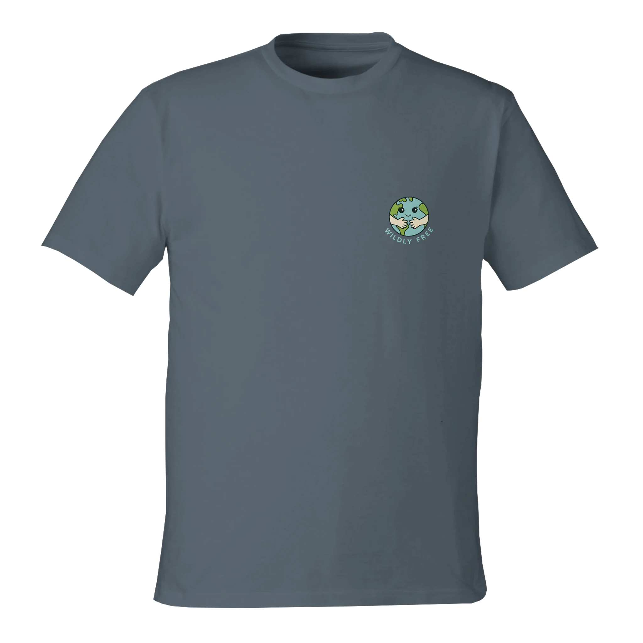 Gray Earth Hug t-shirt with a logo on the chest against a white background