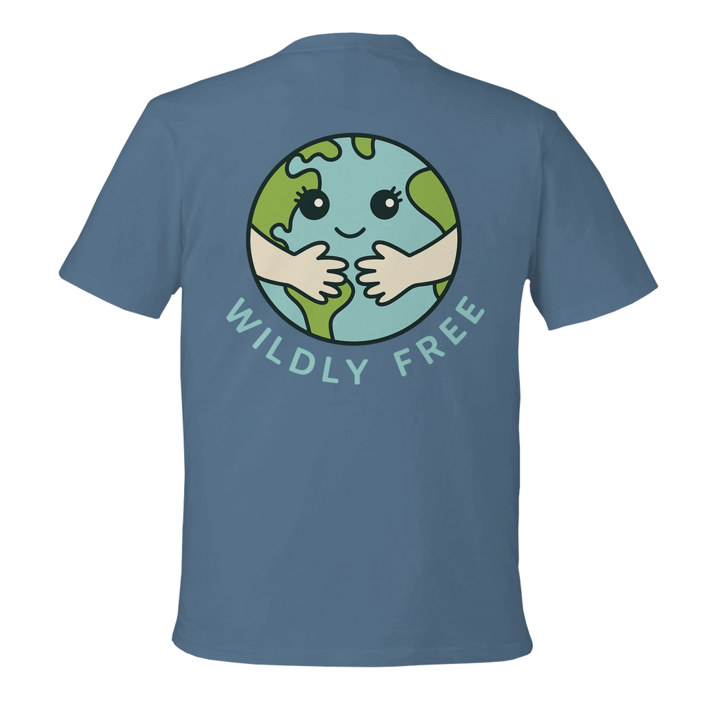 Light Blue Earth Hug t-shirt with a graphic of a smiling Earth and 'Wildly Free' text on the back.