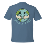 Light Blue Earth Hug t-shirt with a graphic of a smiling Earth and 'Wildly Free' text on the back.