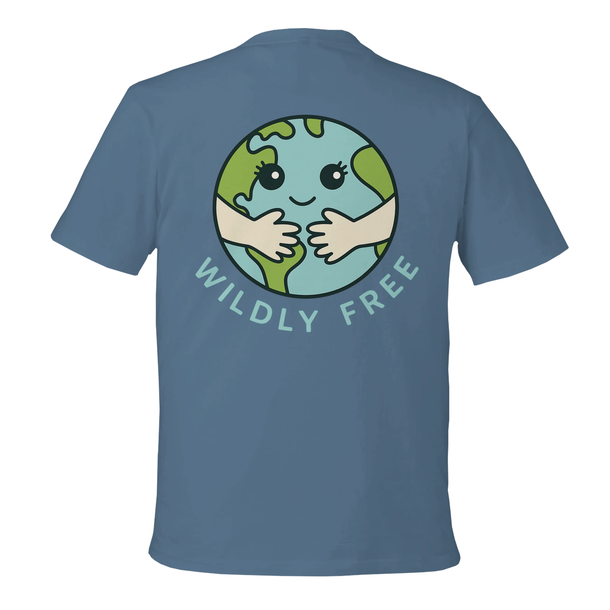 Light Blue Earth Hug t-shirt with a graphic of a smiling Earth and 'Wildly Free' text on the back.