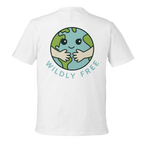 White t-shirt with a graphic of a smiling Earth and 'Wildly Free' text on a white background