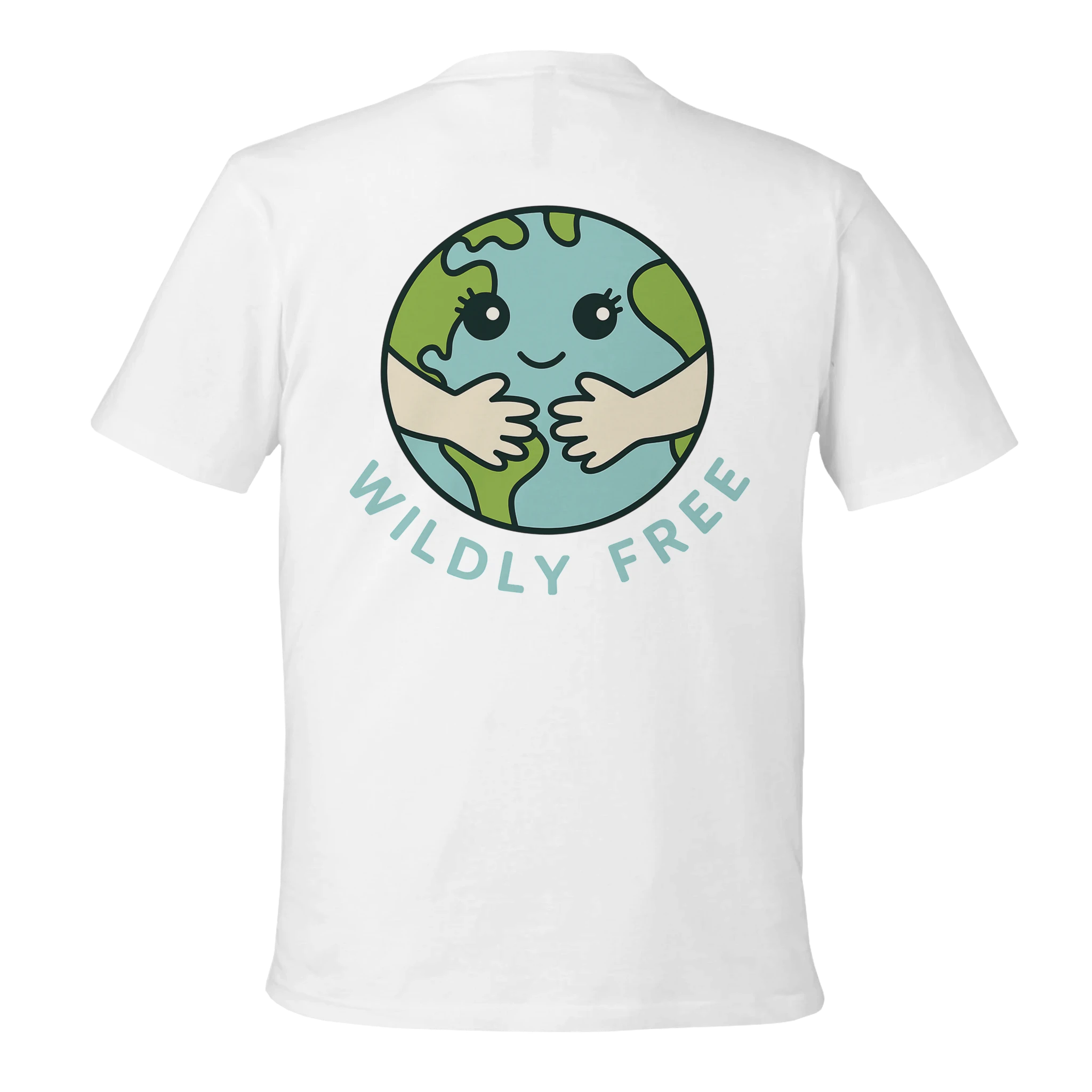 White t-shirt with a graphic of a smiling Earth and 'Wildly Free' text on a white background