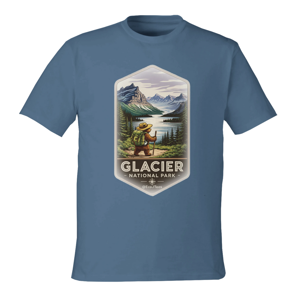 Blue t-shirt with Glacier National Park graphic on a white background