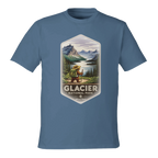 Blue t-shirt with Glacier National Park graphic on a white background