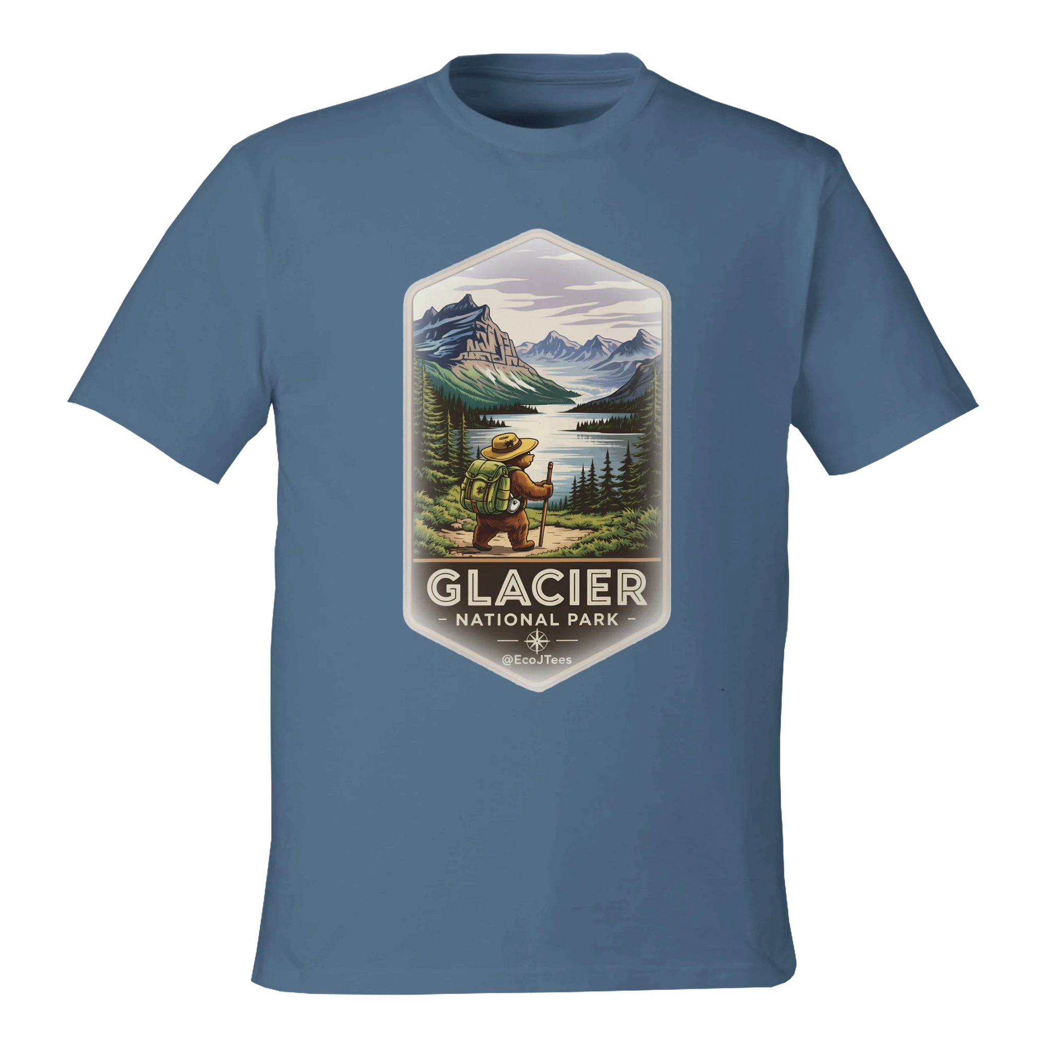 Blue t-shirt with Glacier National Park graphic on a white background