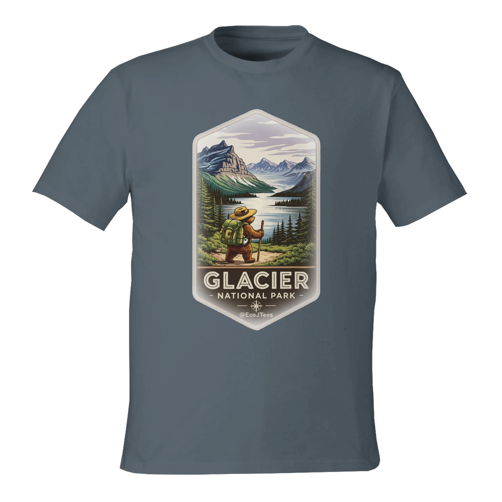 Gray t-shirt with Glacier National Park graphic on a white background
