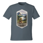 Gray t-shirt with Glacier National Park graphic on a white background