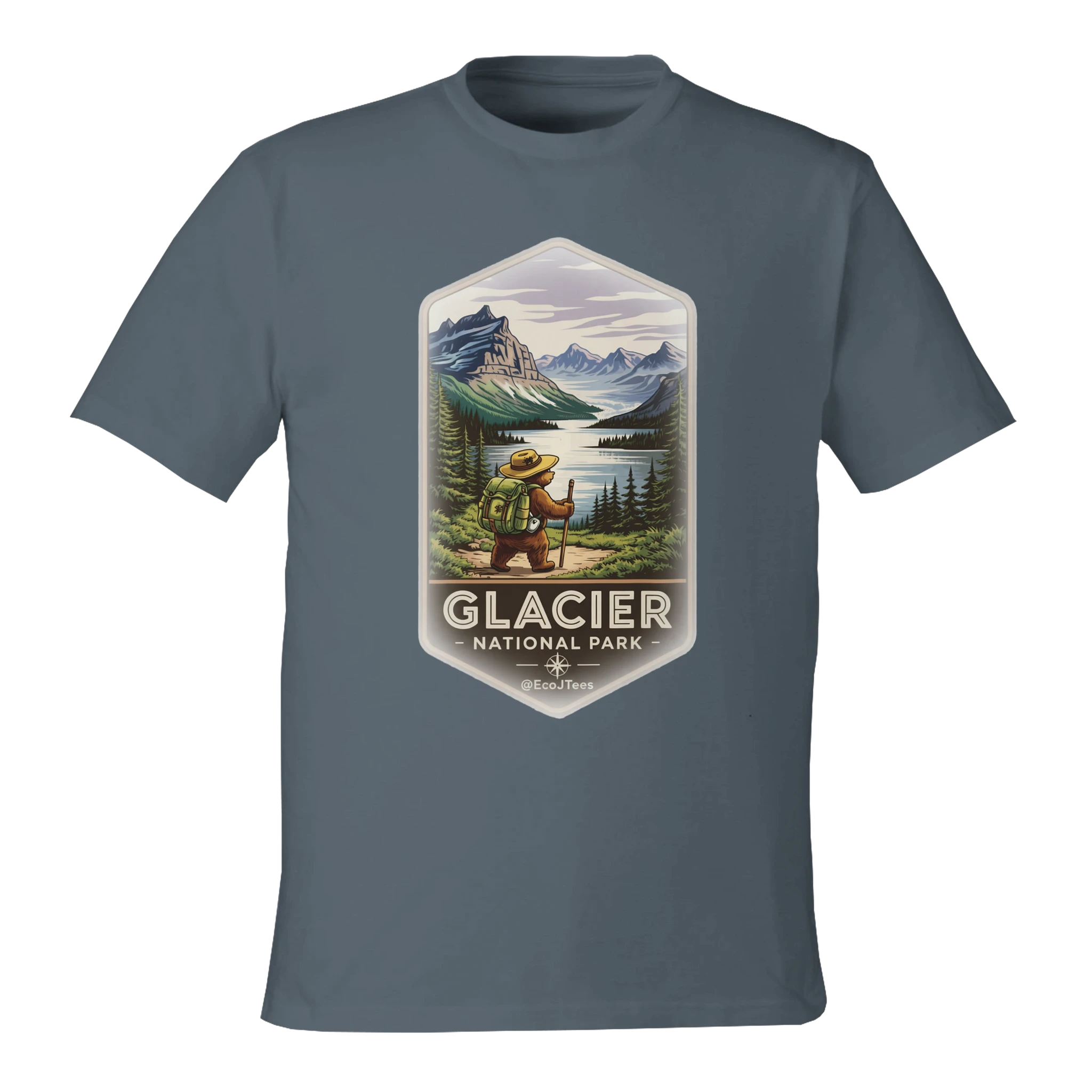 Gray t-shirt with Glacier National Park graphic on a white background