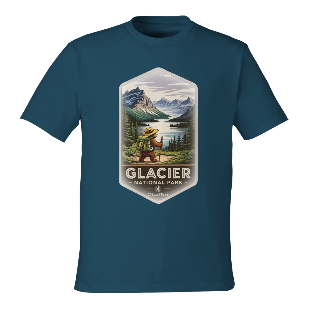 Teal t-shirt with Glacier National Park graphic on a white background