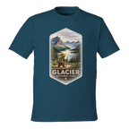 Teal t-shirt with Glacier National Park graphic on a white background