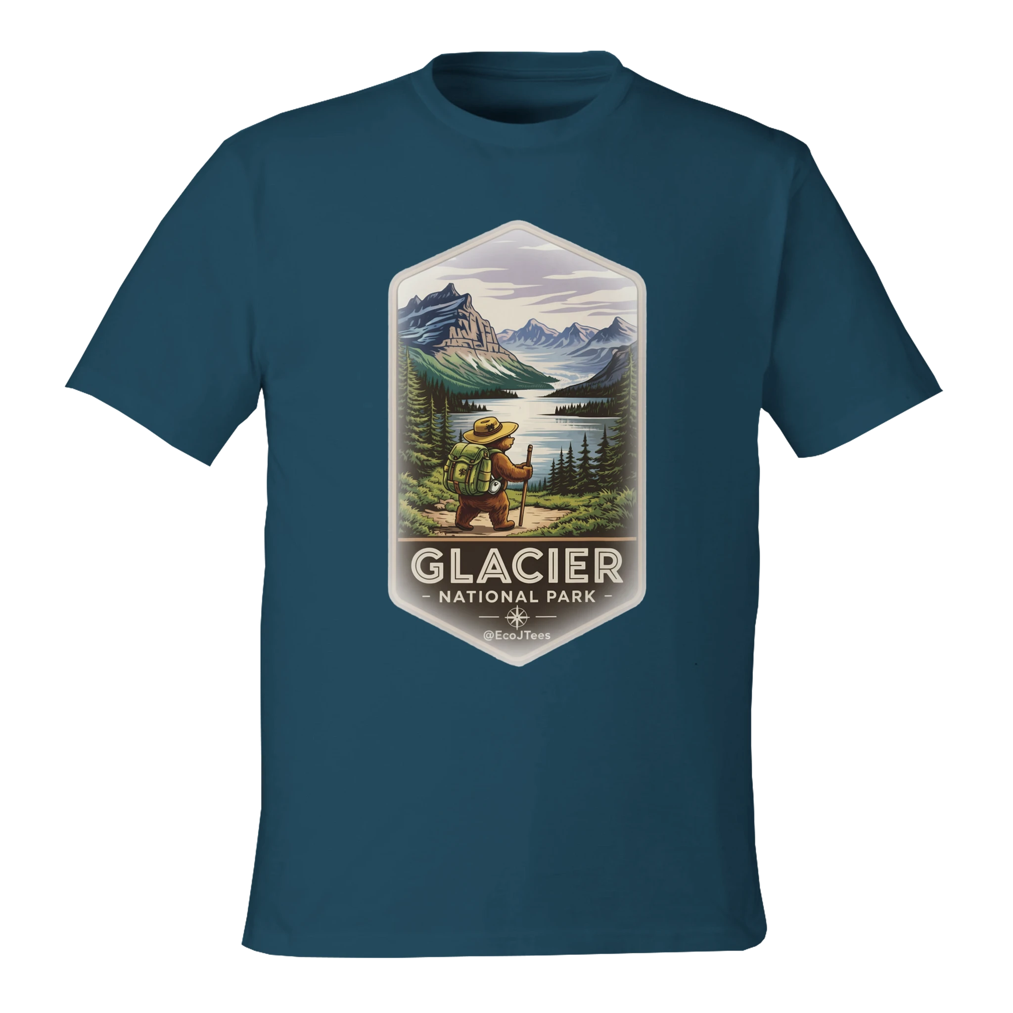 Teal t-shirt with Glacier National Park graphic on a white background