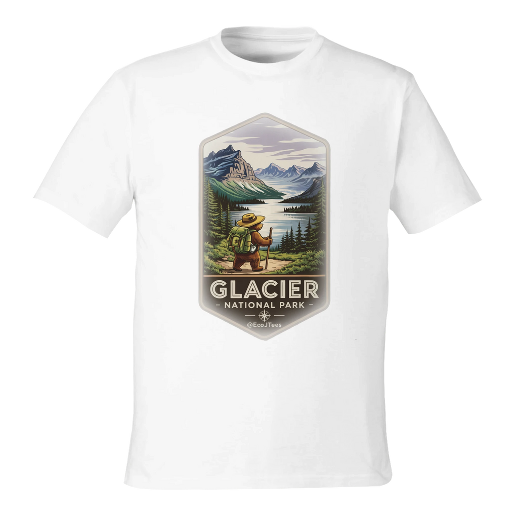 White t-shirt with Glacier National Park graphic on a white background