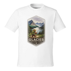 White t-shirt with Glacier National Park graphic on a white background
