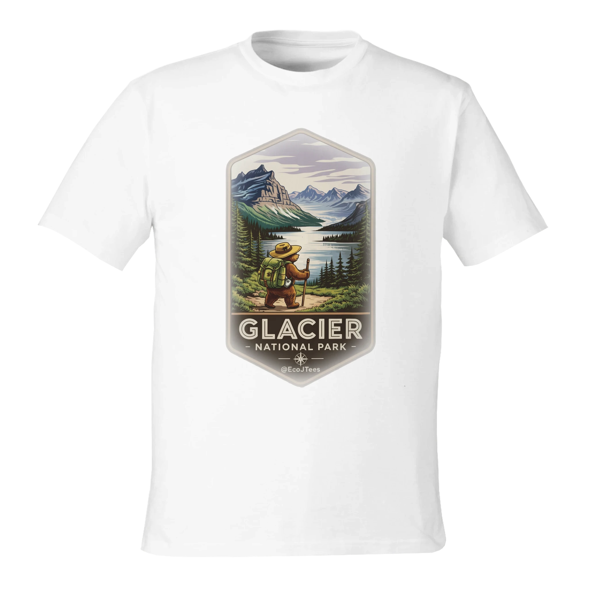 White t-shirt with Glacier National Park graphic on a white background