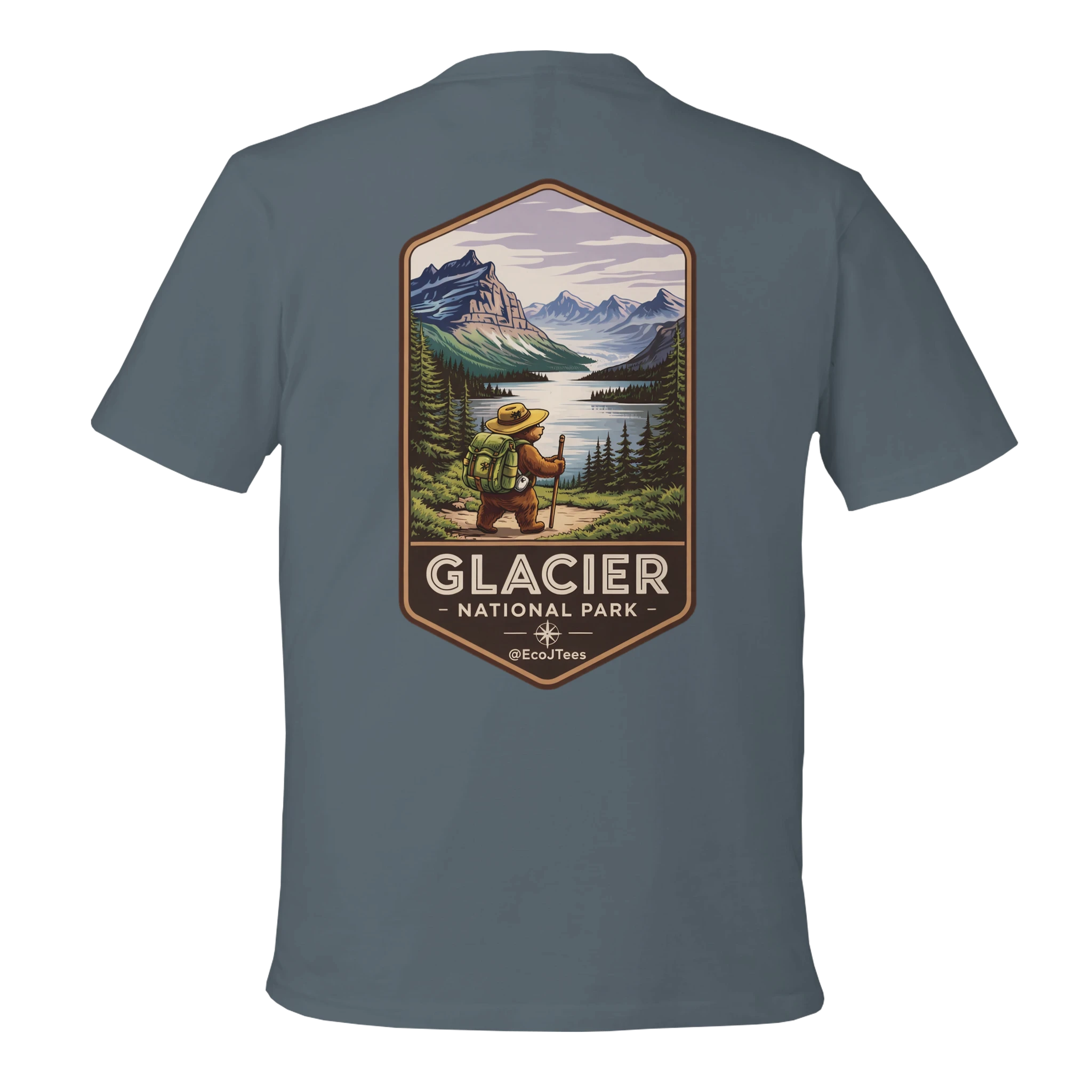 Gray t-shirt with Glacier National Park graphic on the back