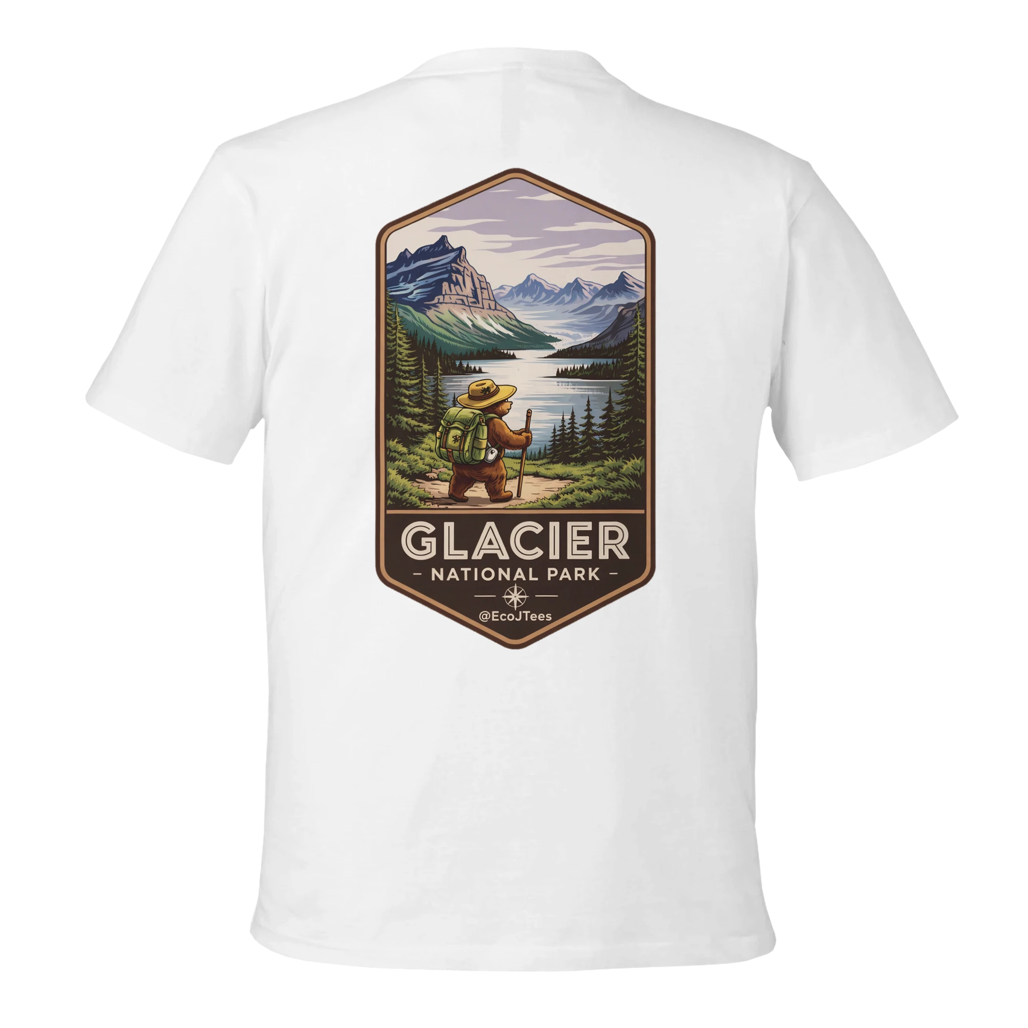 White t-shirt with Glacier National Park graphic on a white background