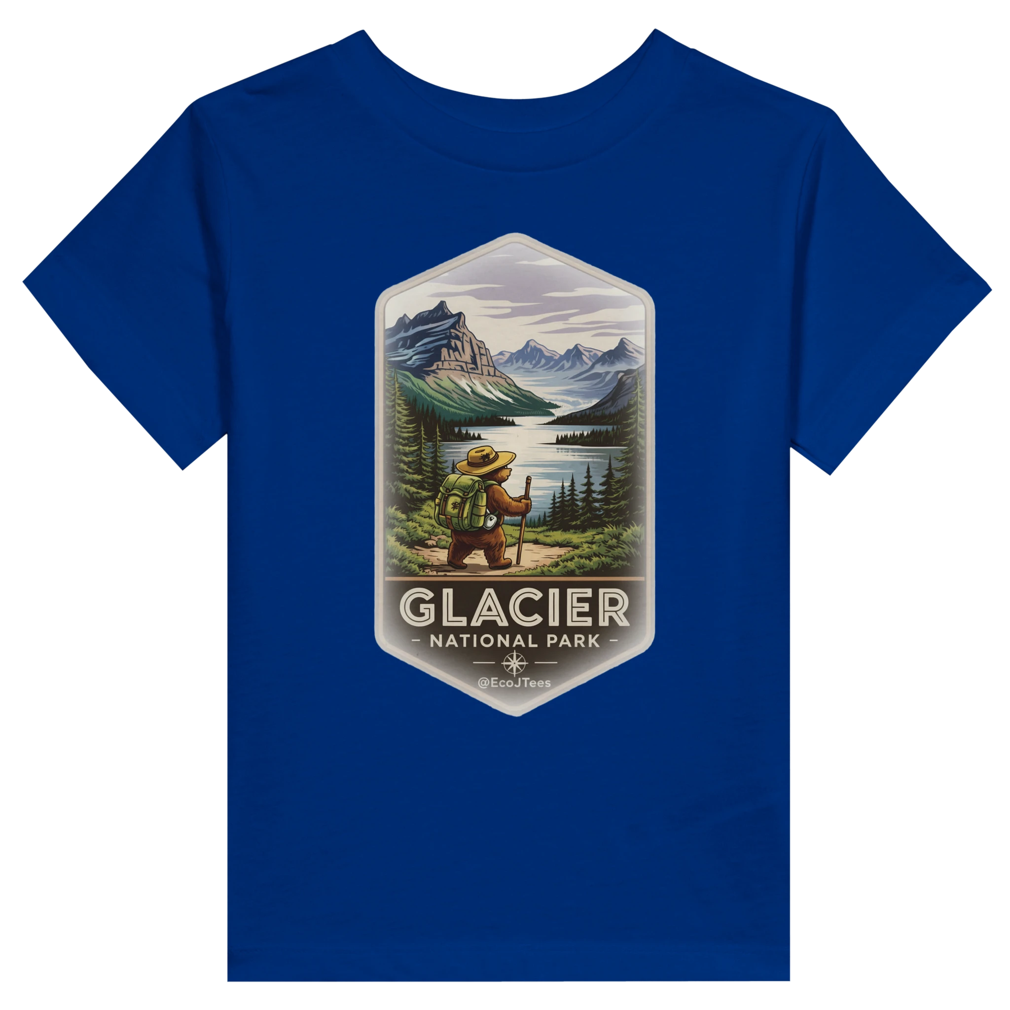 Blue toddler t-shirt with Glacier National Park graphic on a white background
