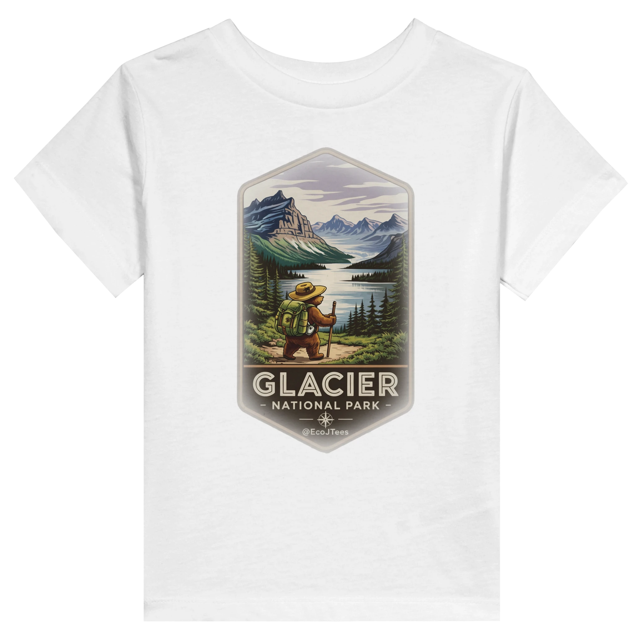 White toddler t-shirt with Glacier National Park graphic on a white background