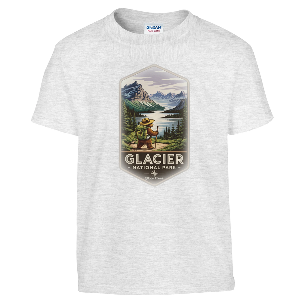 Ash youth t-shirt with Glacier National Park graphic on a white background