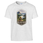 Ash youth t-shirt with Glacier National Park graphic on a white background