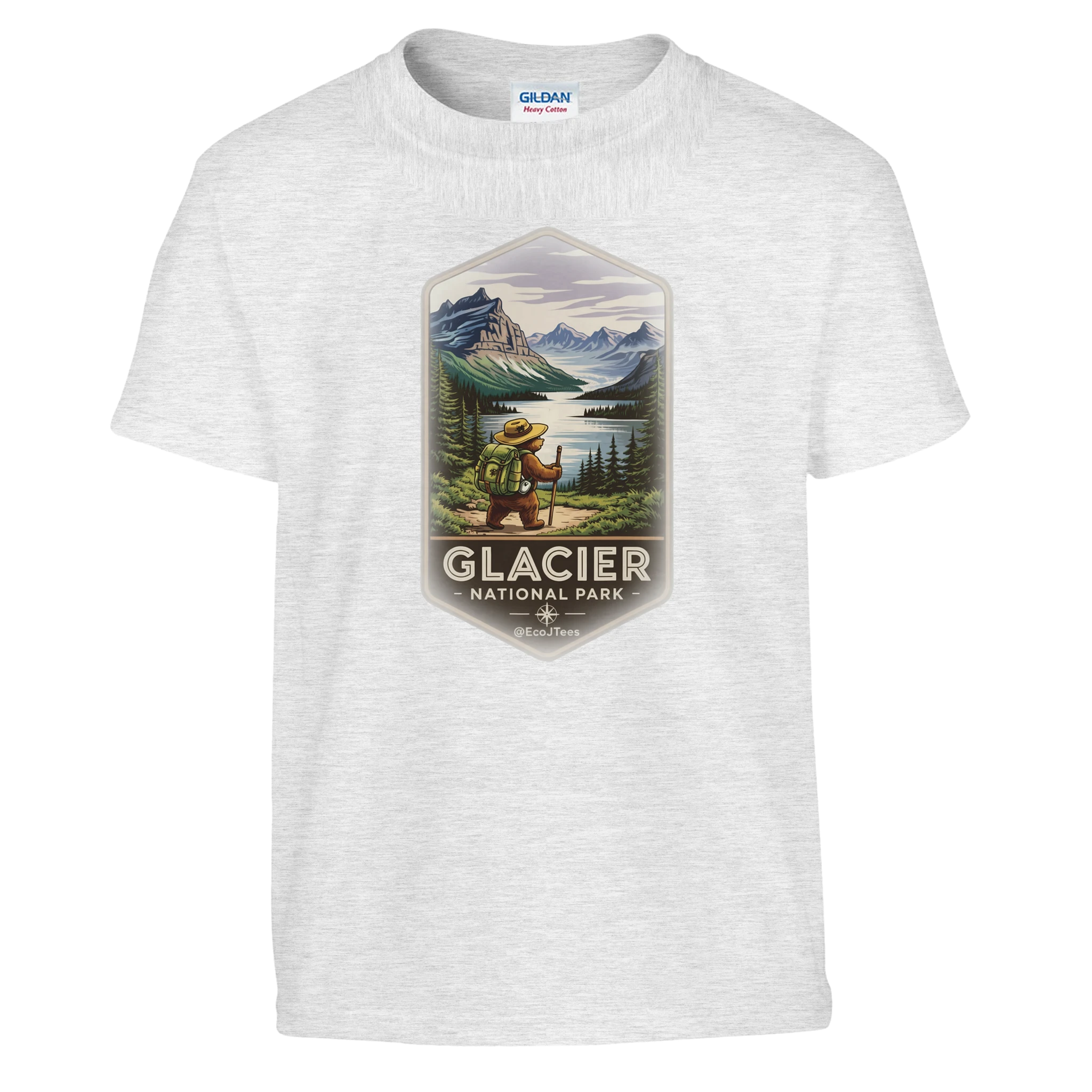 Ash youth t-shirt with Glacier National Park graphic on a white background