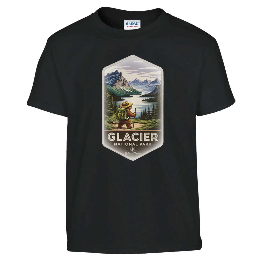 Black youth t-shirt with Glacier National Park graphic on a white background