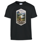 Black youth t-shirt with Glacier National Park graphic on a white background