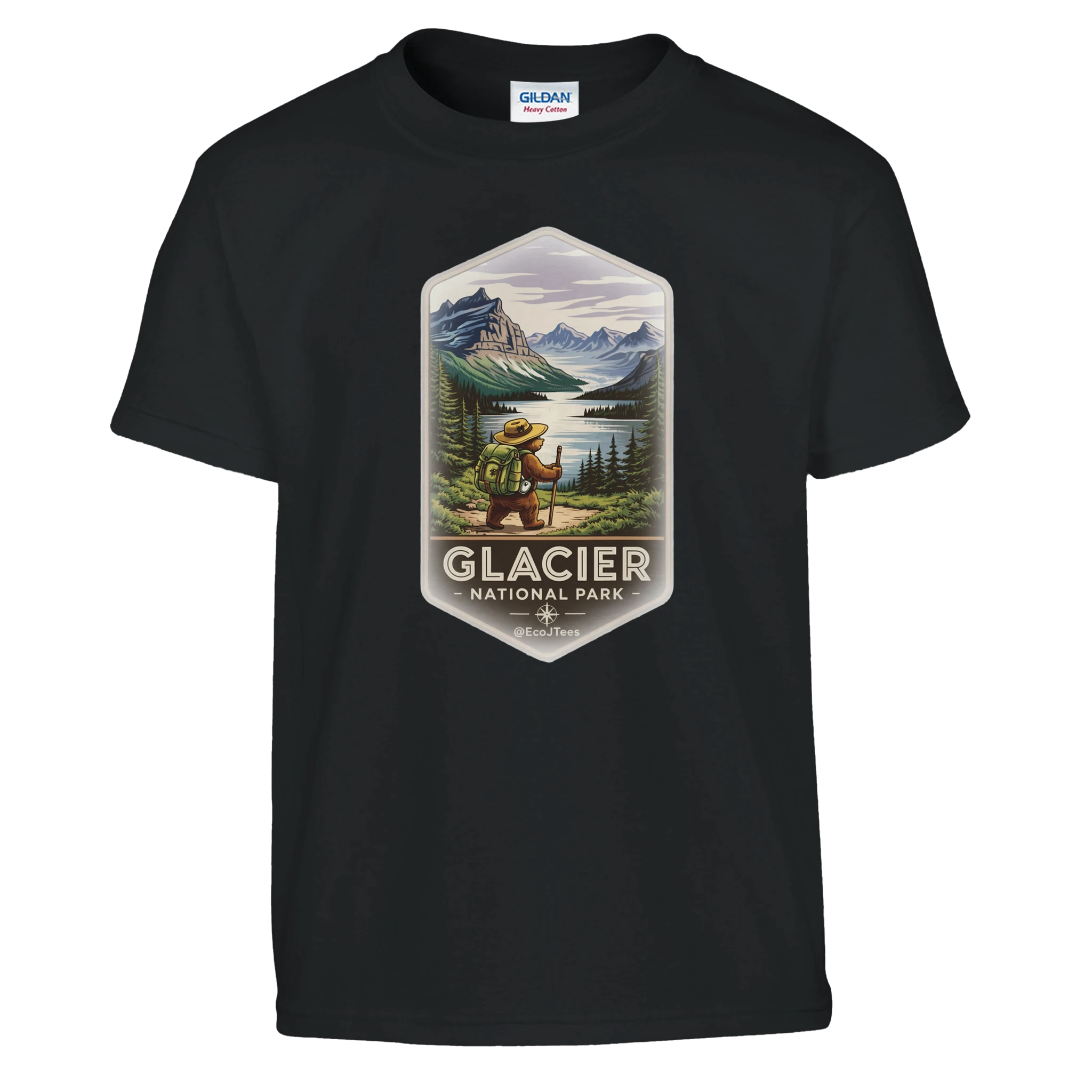 Black youth t-shirt with Glacier National Park graphic on a white background