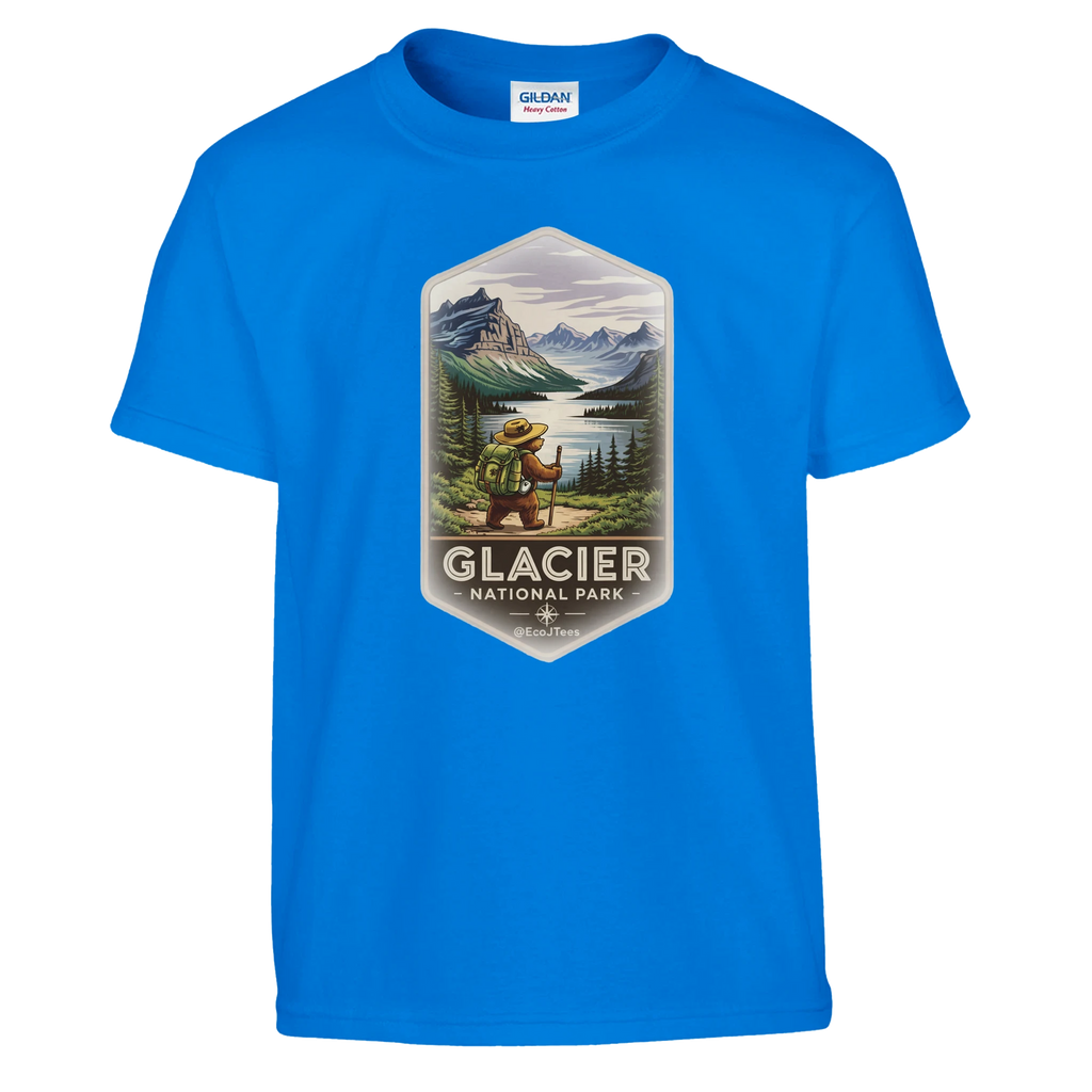 Blue youth t-shirt with Glacier National Park graphic on a white background
