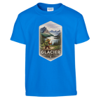 Blue youth t-shirt with Glacier National Park graphic on a white background