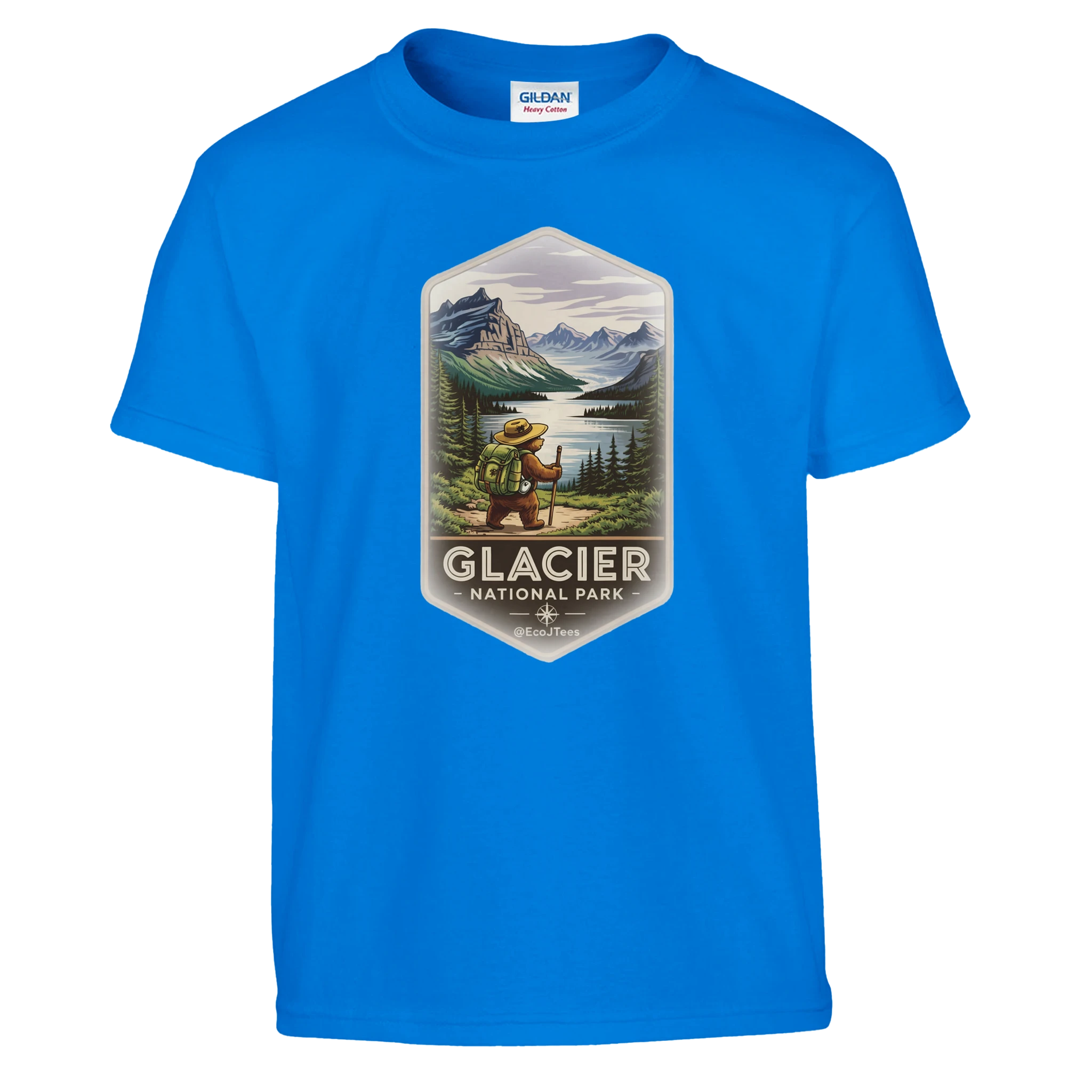 Blue youth t-shirt with Glacier National Park graphic on a white background