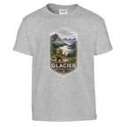 Gray youth t-shirt with Glacier National Park graphic on a white background