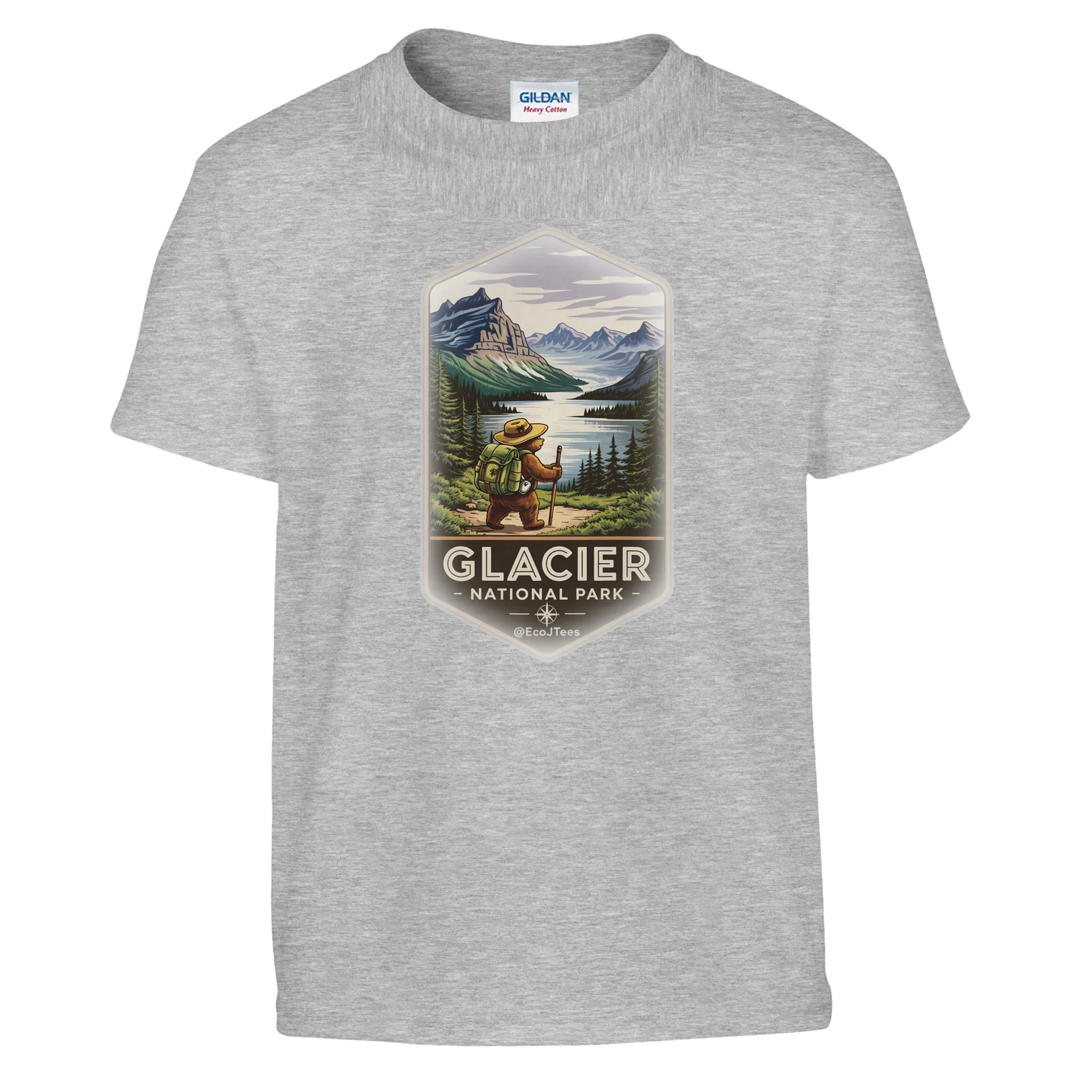 Gray youth t-shirt with Glacier National Park graphic on a white background