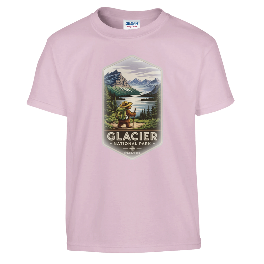 Pink youth t-shirt with Glacier National Park graphic on a white background