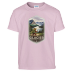 Pink youth t-shirt with Glacier National Park graphic on a white background