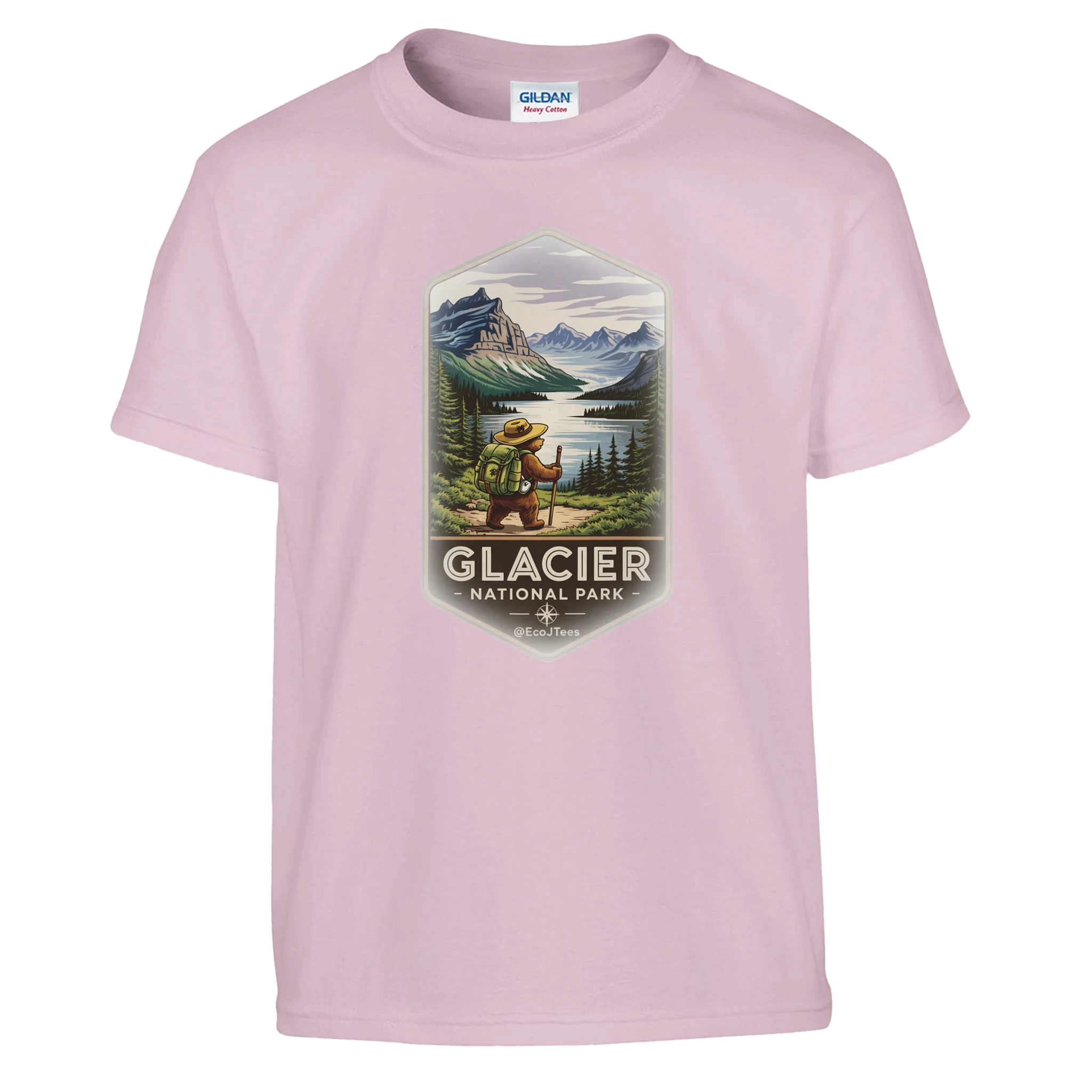 Pink youth t-shirt with Glacier National Park graphic on a white background