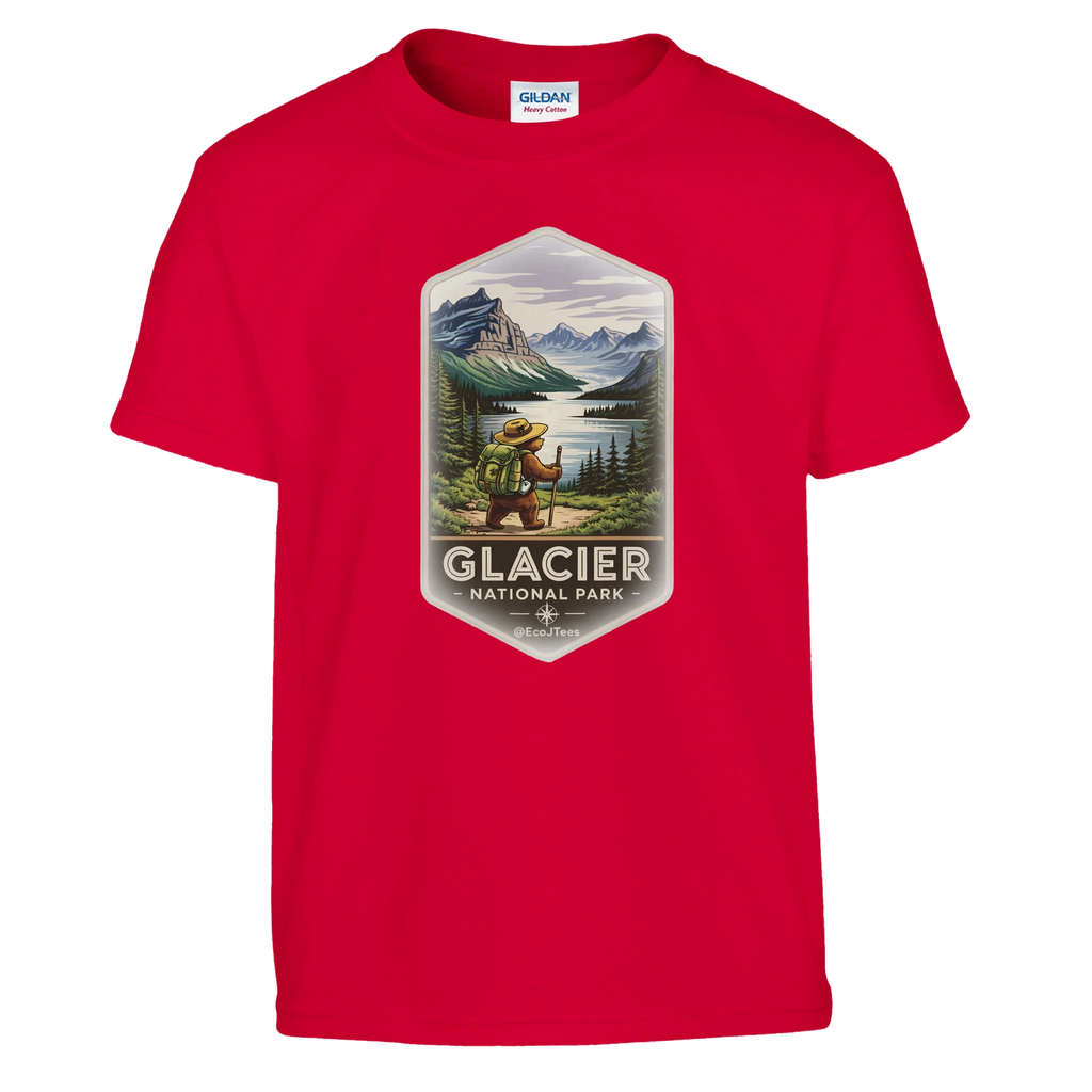Red youth t-shirt with Glacier National Park graphic on a white background