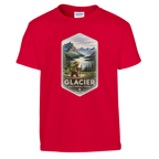 Red youth t-shirt with Glacier National Park graphic on a white background